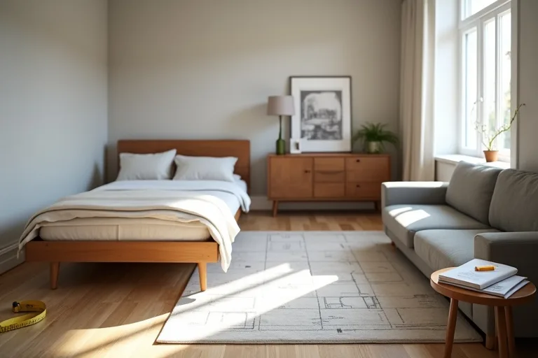 A studio apartment with compact storage placed to support the layout without blocking the living space.