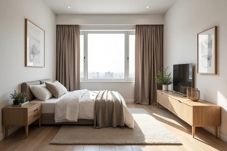 Studio apartment with bed area, compact seating, and simple rug zoning in a soft neutral palette