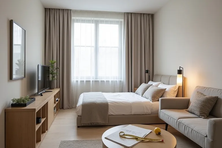 A studio apartment layout with zones planned around a bed, sofa, and compact storage.
