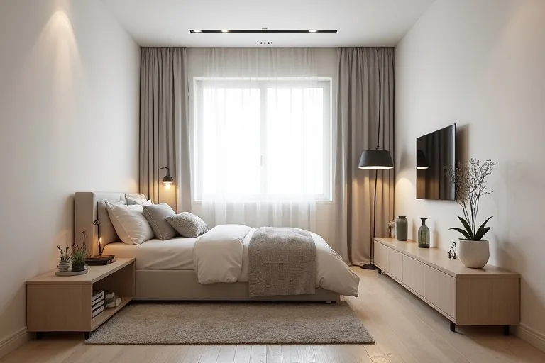 Compact studio apartment with clear walking space and a narrow storage console along the wall
