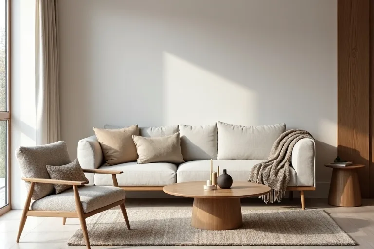 Neutral modern room with clean-lined seating and simple layered textures