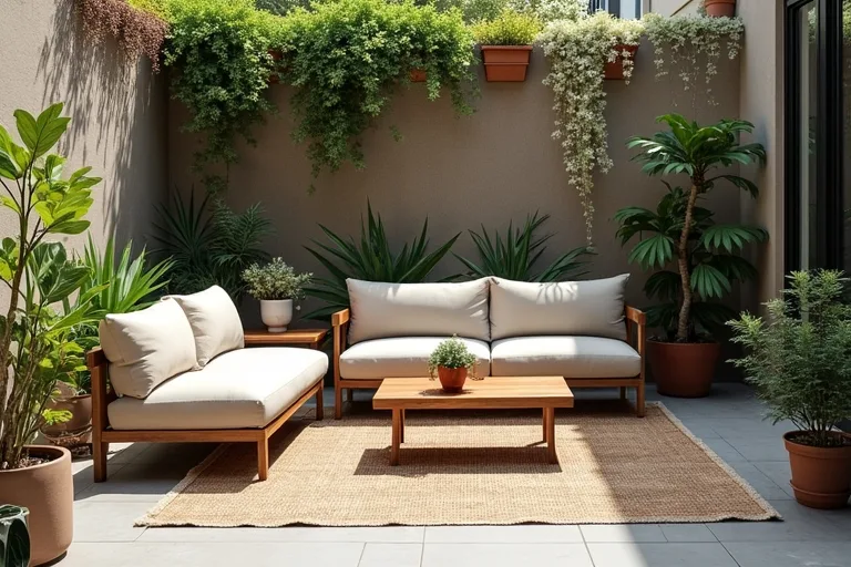 Small patio with practical seating, a rug, and simple outdoor styling