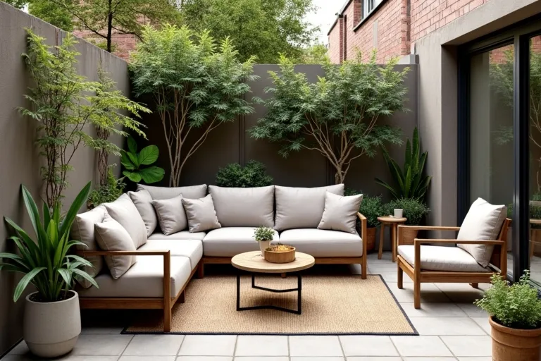 Compact patio seating arrangement with a small side table and potted plants