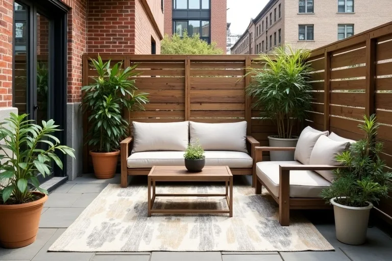 Small patio with neatly arranged outdoor chairs and a centered rug