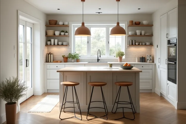 A practical kitchen island with seating placed in a calm, well-proportioned home kitchen.