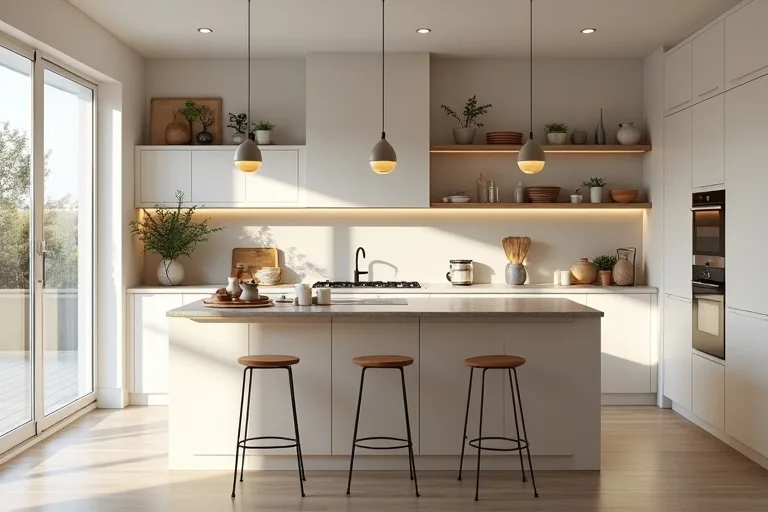 A calm family kitchen where island seating and lighting support the overall layout.