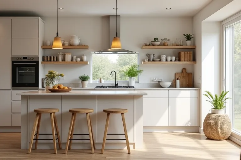 Warm pendant lights above a kitchen island in a tidy, lived-in kitchen with simple styling.