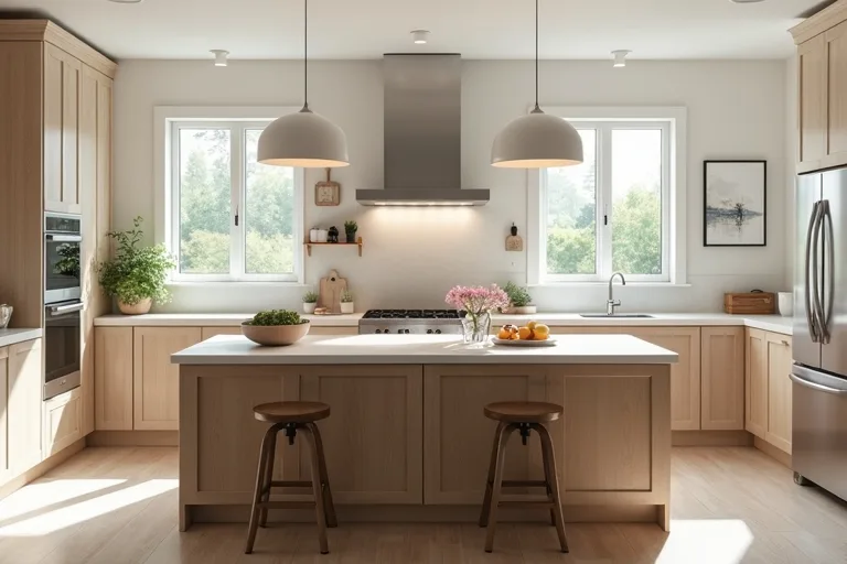 Kitchen island seating with two counter height stools placed on one side of a properly sized island.