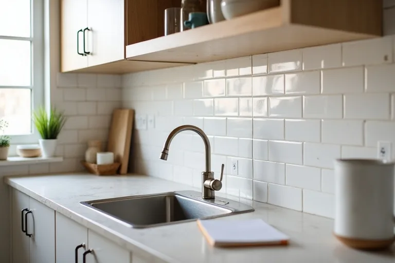 A modest kitchen with neutral cabinets and a clean counter ready for budget planning and small updates.