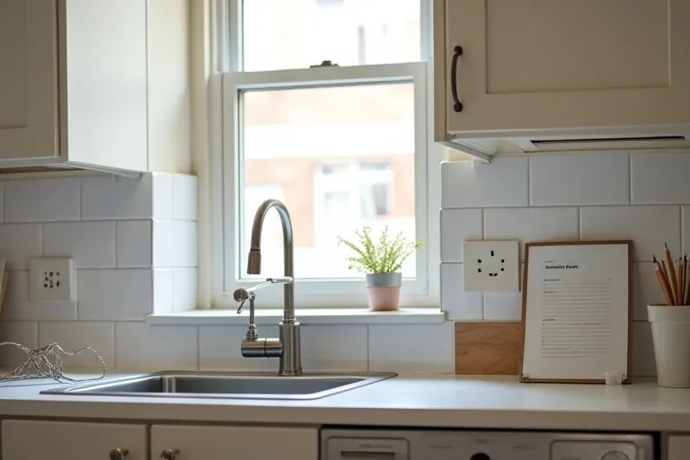 A kitchen counter with a faucet upgrade and backsplash sample placed as part of a practical refresh decision.