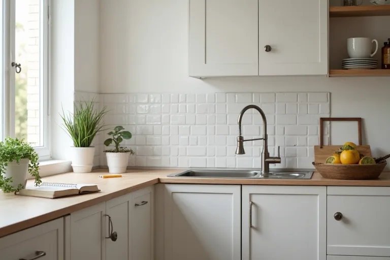 A kitchen planning scene with a notebook, pencil, and staged refresh materials beside the counter.