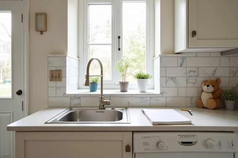A practical kitchen refresh scene with a brushed nickel pull-down faucet, peel-and-stick backsplash sample, and a budget planner on the counter.
