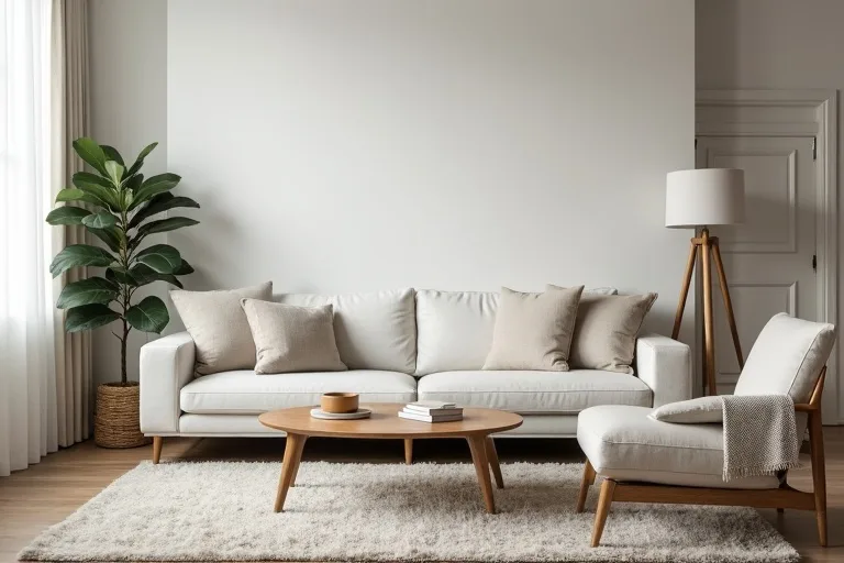 A calm living room showing an area rug that is too small beneath the seating area, making the layout feel unbalanced.