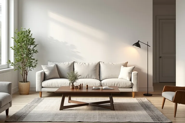 A practical living room seating area with a sofa, coffee table, and lamps arranged to improve flow.