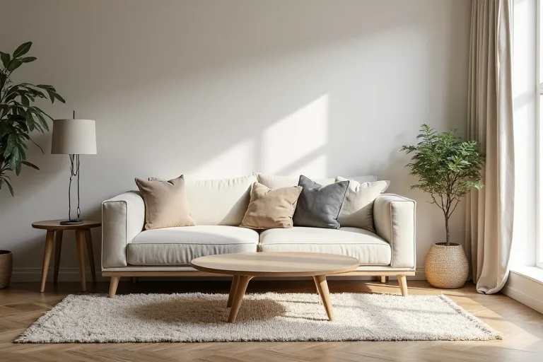 A living room layout with clear walking space and furniture positioned around a defined seating zone.