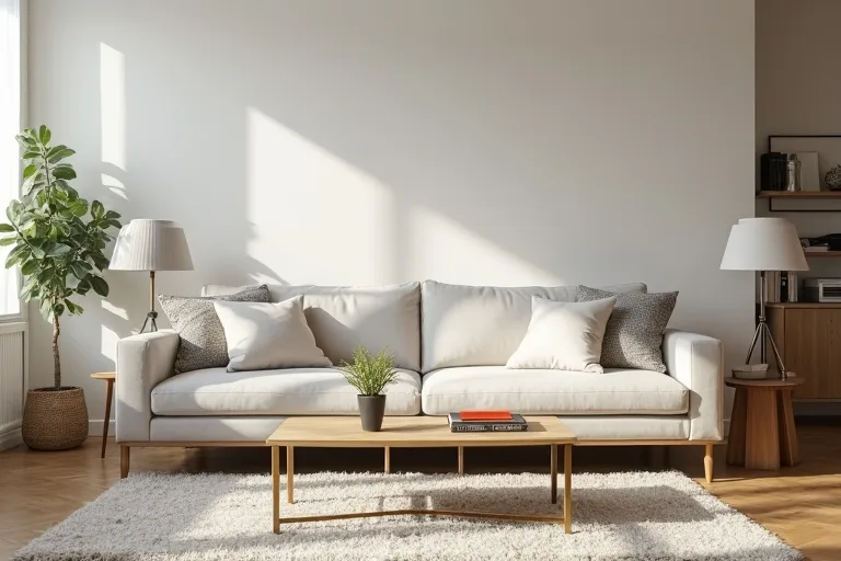 A calm living room with a practical furniture layout, rug, sofa, coffee table, and table lamps in a lived-in home setting.