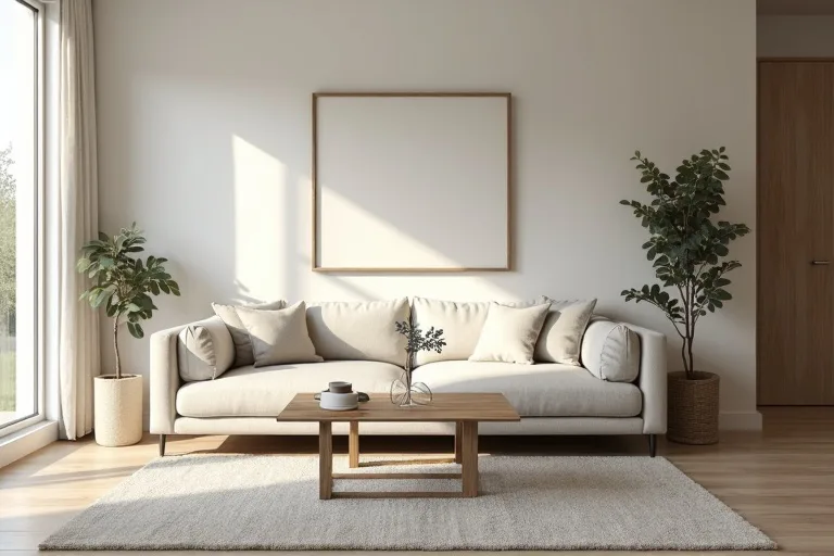 A calm living room with a neutral sofa and an 8x10 area rug sized to ground the seating area