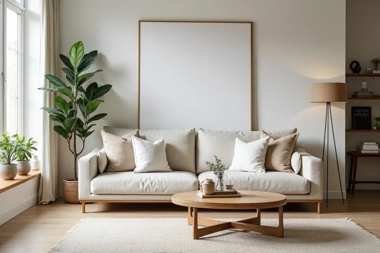 A practical living room with a sofa and rug size that helps show standard rug proportions