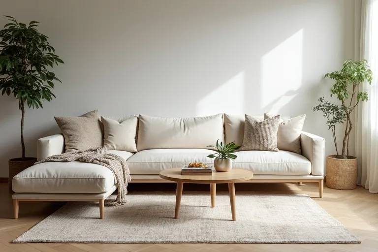 A calm living room layout showing how a rug can anchor the sofa and coffee table area