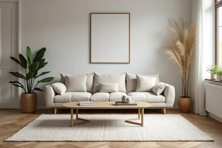 A bright living room scene showing a rug that leaves balanced floor space around the seating area
