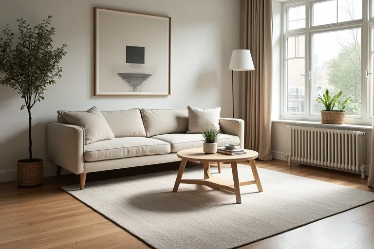 A neutral area rug sized under a living room sofa and coffee table in a bright, practical home interior