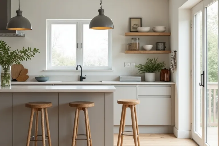 Kitchen seating arranged beside an island to show why stool height and clearance need to be checked first.