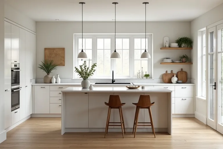 A calm kitchen island with light practical decor that shows how styling should come after the layout is right.