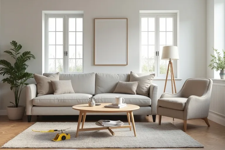 A calm living room corner with a table lamp and seating planned for balanced lighting