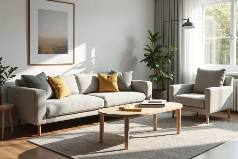 A living room floor plan sketch and measuring tools used to plan furniture placement