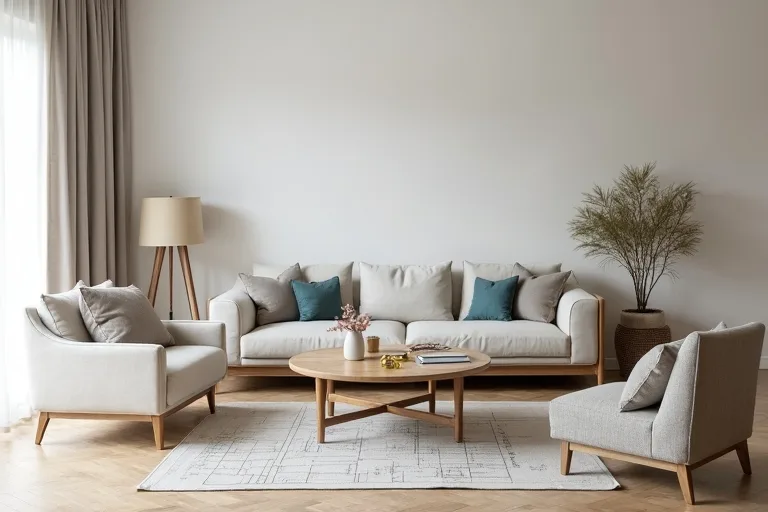A sofa, chair, and coffee table arranged in a neutral living room while planning the layout