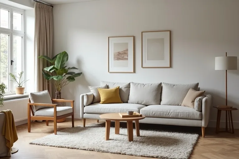 A living room side table and lamp spacing that supports a calm and functional seating layout