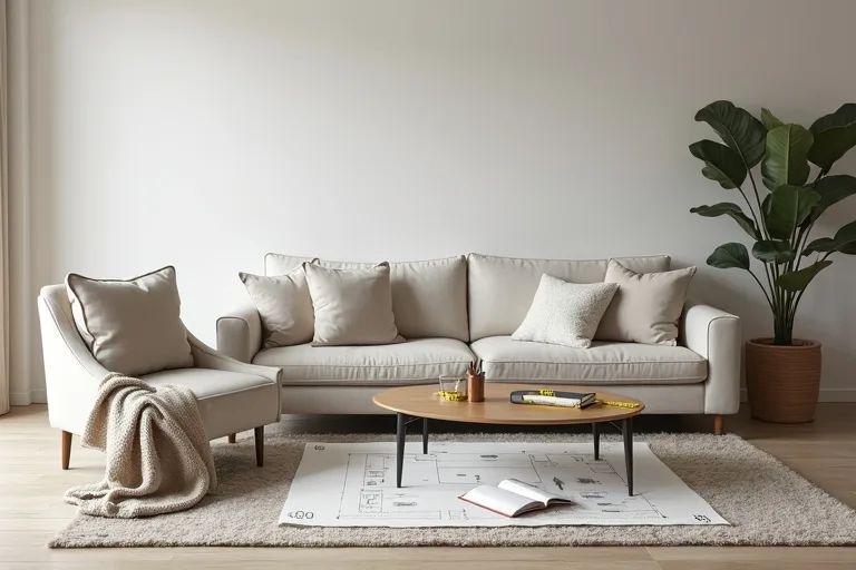 A calm living room with furniture, a rug, measuring tape, and a floor plan sketch for layout planning