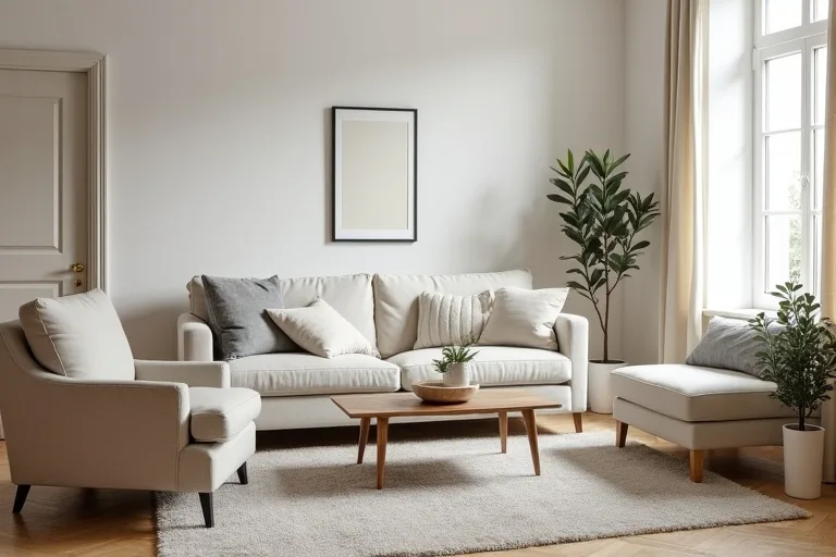 Living room furniture arranged with clear walking space around a sofa and coffee table