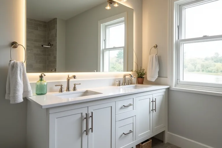 A well-proportioned floating vanity in a calm modern bathroom with clear floor space
