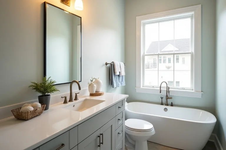 A vanity zone with a lighted mirror and brushed nickel faucet that feels coordinated and easy to use