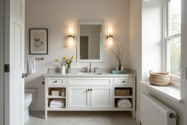A practical bathroom vanity with a lighted mirror, brushed nickel faucet, and tidy countertop in a calm modern bathroom
