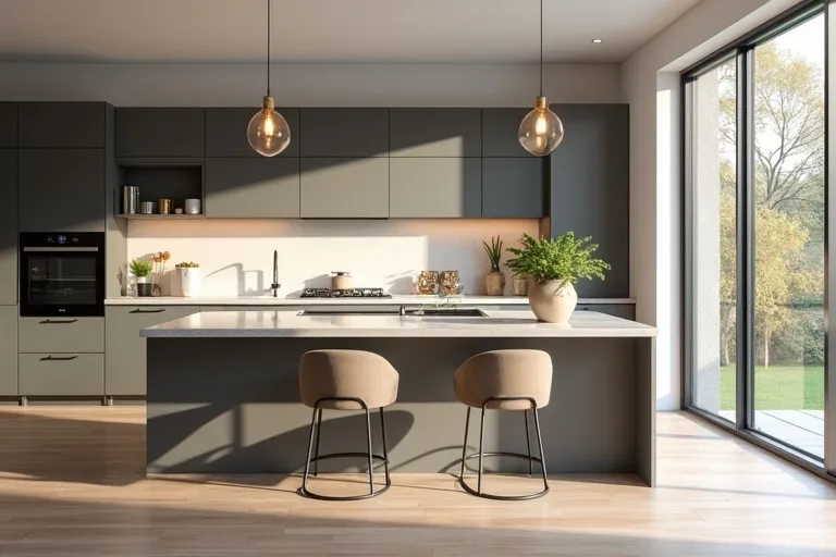 A kitchen island with clear walking space around it in a calm, practical modern kitchen.