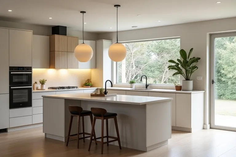 Simple counter-height stools placed at a well-proportioned island in a lived-in kitchen.