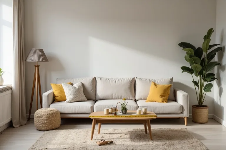 A calm open-plan living room layout showing how furniture can define the seating zone