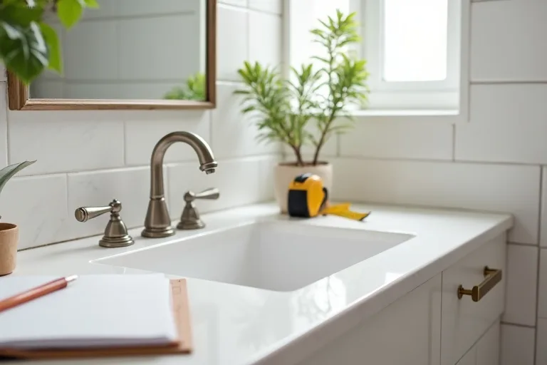 Bathroom vanity planning with a notebook and tape measure beside a brushed nickel two-handle faucet.