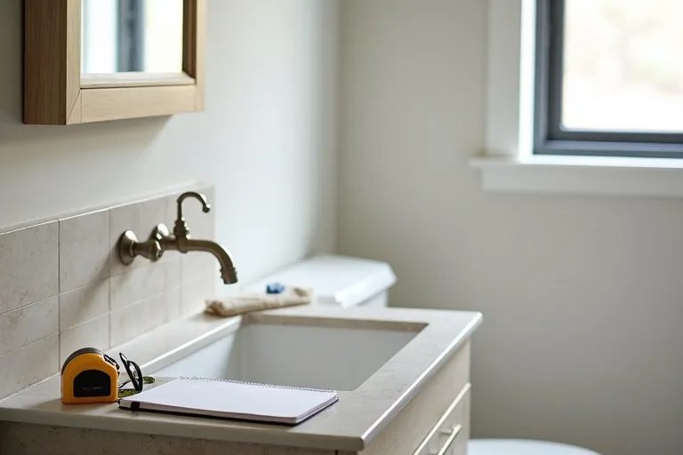 A practical bathroom remodel planning scene with a brushed nickel two-handle faucet, notebook, and tape measure on a bathroom vanity.