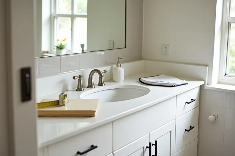 A calm mid-renovation bathroom with neutral tile, a vanity, and planning materials on the counter.
