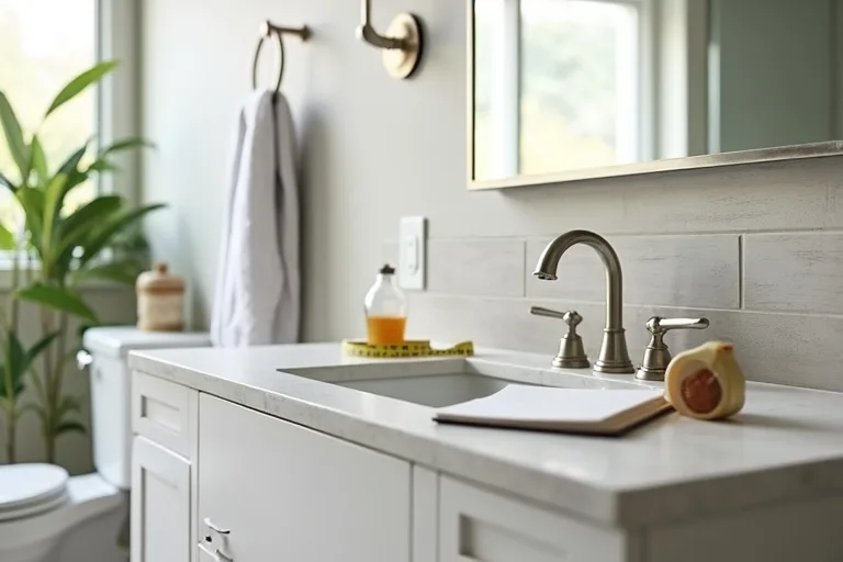 Bathroom remodel planning with neutral finishes and practical fixtures in a small home bathroom.