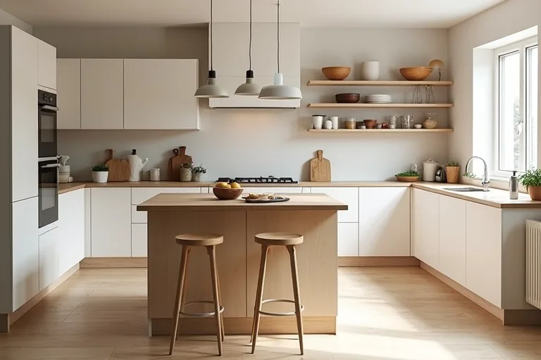 Kitchen island lighting and storage details in a clean, realistic home setting.