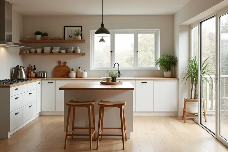A calm family kitchen with clear circulation space around a central island.