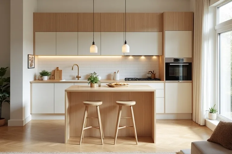 A practical kitchen island with seated counter stools and balanced proportions.