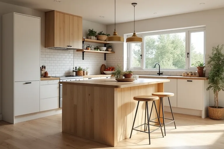 A bright, practical kitchen with a centered island, two counter-height stools, and pendant lights.