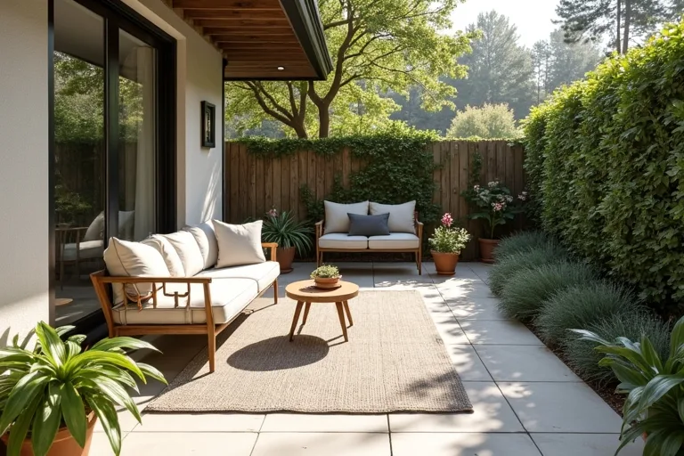 A measured patio planning scene with open pathways and clearly defined outdoor zones.