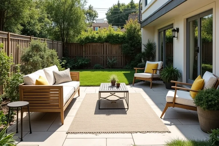 A calm patio layout with a simple seating area and clear circulation around the edges.