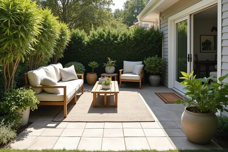 A patio layout with balanced furniture scale and a neutral rug defining the seating area.